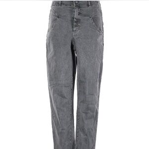 Amadi gray high rise pant with dimple texture detail. Thin fabric. Worn.